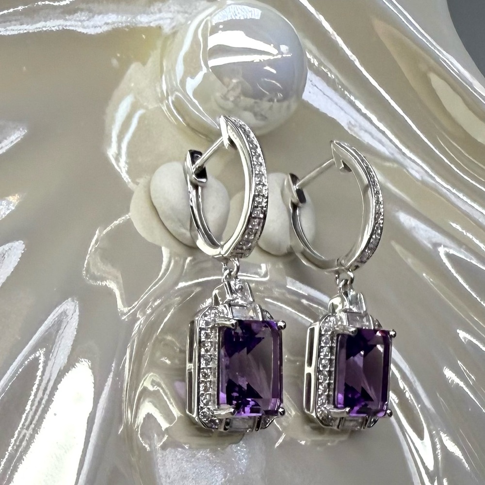 EA1 6.9CT High Quality Natural Russian Amethyst Huggies Earrings Rhodium S925 - Picture 12 of 12